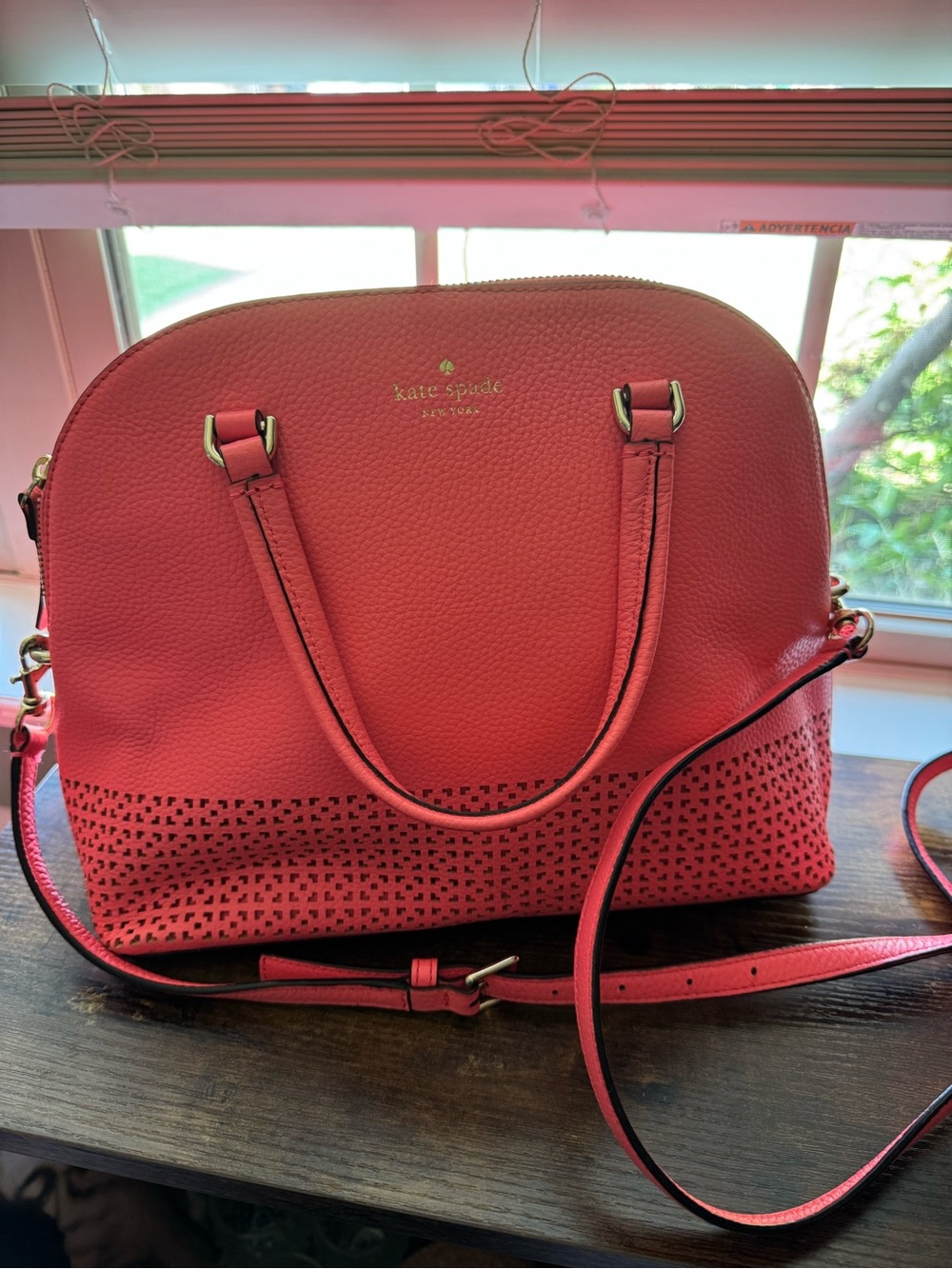 Kate Spade Laser Cut Perforated Leather Satchel Crossbody Coral Pink